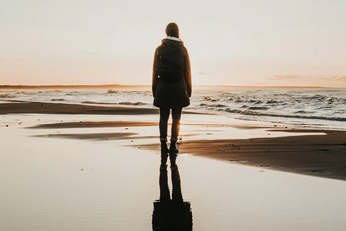 A person standing alone at the shoreline, reflected in the wet sand
