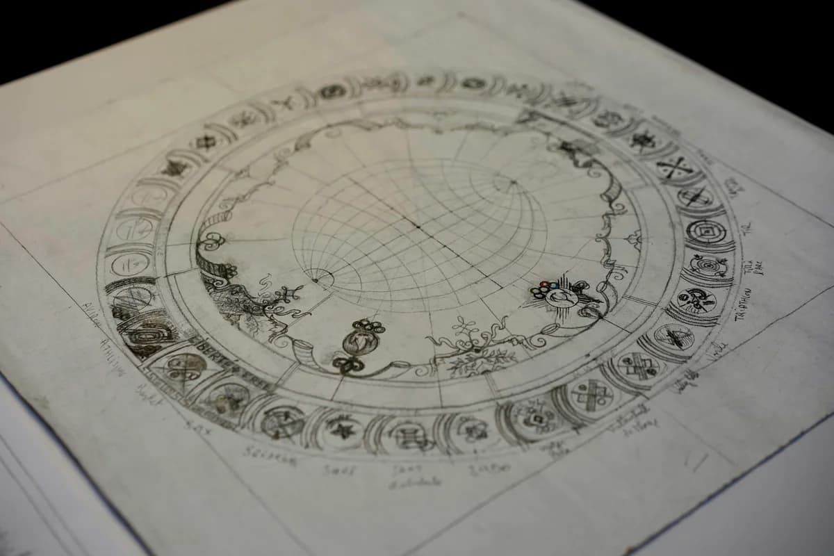 Hand-drawn circular celestial calendar on paper