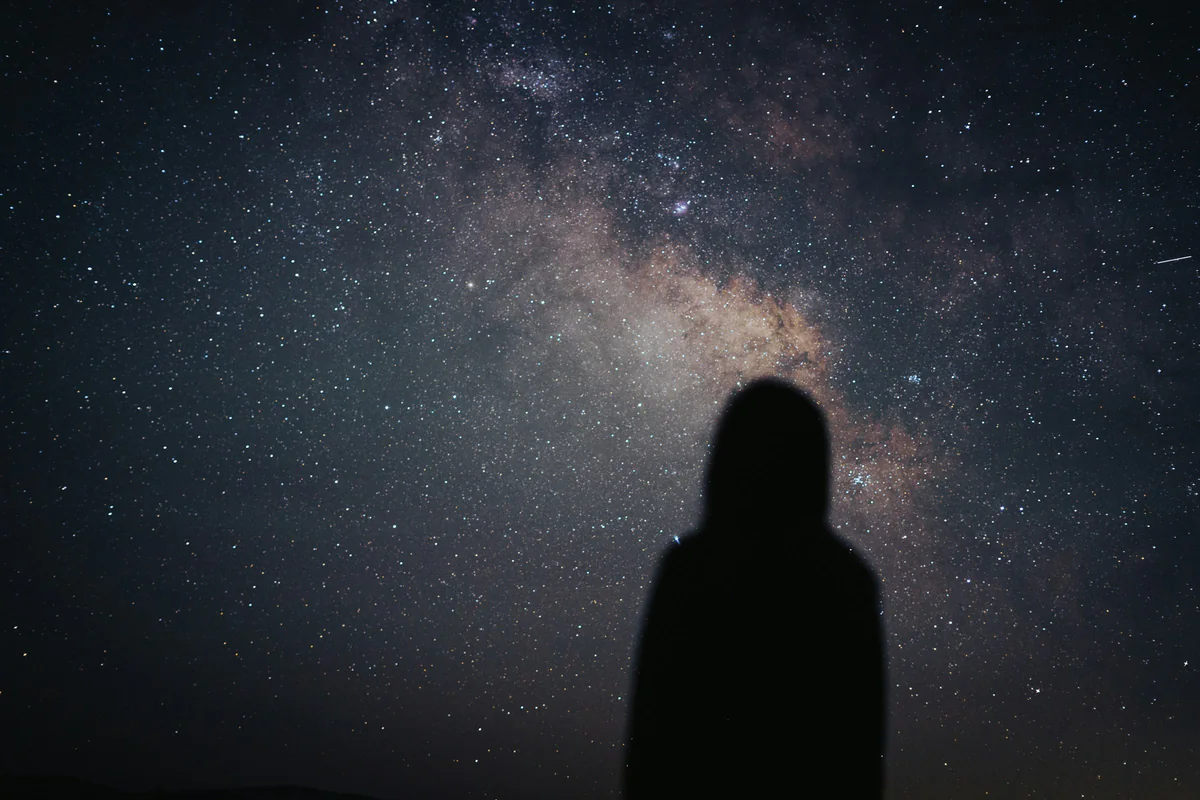 Silhouette of a person looking up at the Milky Way