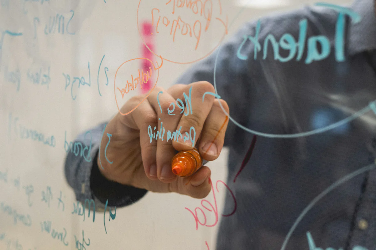 A hand writing ideas on a transparent board